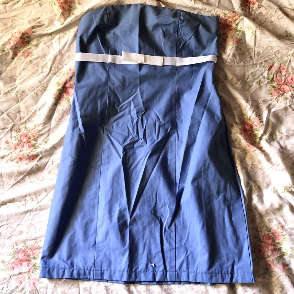 Blue Strapless Canvas Bow Mini Dress